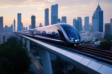 Futuristic Train Traveling Above Cityscape at Sunset