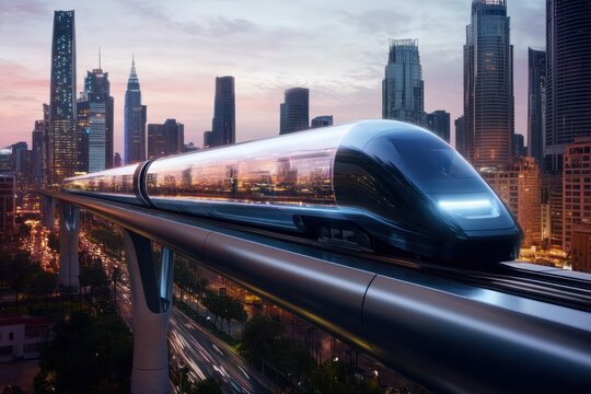 Futuristic Hyperloop Train Transport System in a Modern City at Twilight