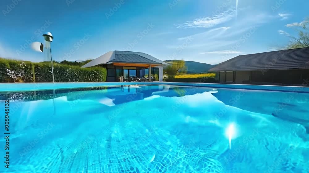 Poster a resort pool with a modern design and lush green lawn, set against a backdrop of rolling hills.