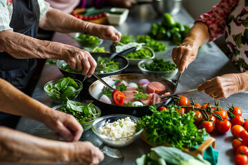 Active senior people in Cooking class learning traditional food, pasta or recipe. interactive cooking sessions or workshop