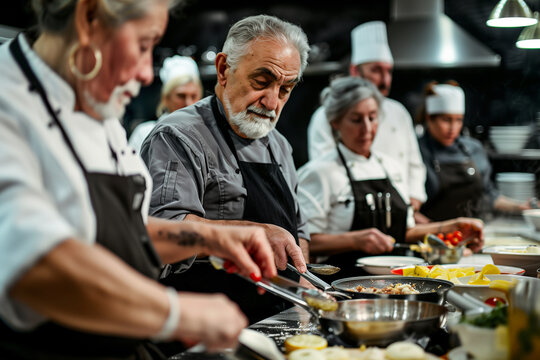 Active senior people in Cooking class learning traditional food, pasta or recipe. interactive cooking sessions or workshop