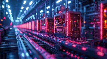 Obraz premium Futuristic server room with glowing red and blue lights, showcasing advanced technology and high-performance computing infrastructure.