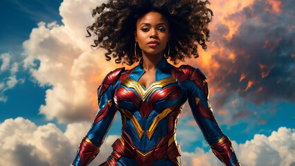 Fototapeta premium African American Superhero Standing Confidently Against Dramatic Cloudy Sky at Dusk