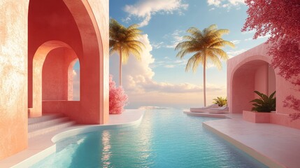 3D Design Illustration of a Pastel-Colored Pool Area with Tropical Baroque Elements and Nature-Inspired Compositions
