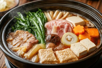 Steaming Japanese Hot Pot with Meat, Vegetables, and Tofu