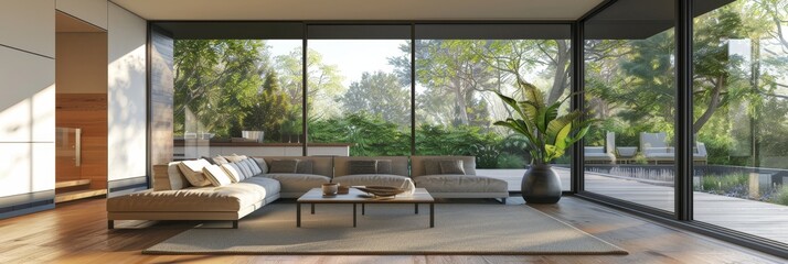 Fototapeta premium A spacious and modern living room with a large sectional sofa, a coffee table, and a large window showcasing a lush green garden. The room is filled with natural light and provides a relaxing and comf