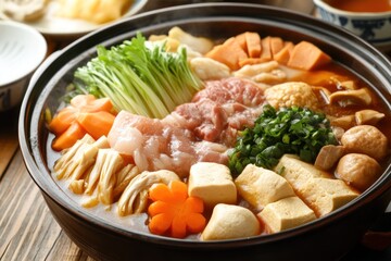 Japanese Hot Pot with Tofu, Meat, Vegetables, and Broth