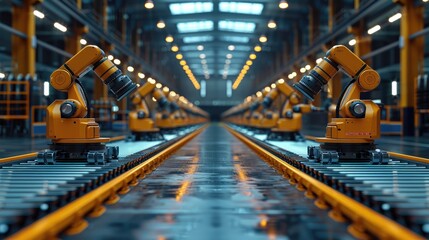 Obraz premium Modern robotic arms in a high-tech factory assembly line. Advanced automation and precision engineering in industrial manufacturing.