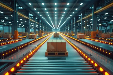 Modern warehouse with automated conveyor system and packaged boxes ready for shipment, illustrating advanced logistics and efficient supply chain.