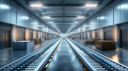 Obraz premium Modern industrial warehouse with automated conveyor belts, stacks of boxes, and futuristic lighting, representing efficiency in logistics.