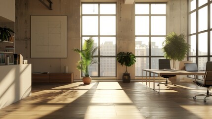 Fototapeta premium A spacious loft office features large windows with stunning city views, natural light streaming in, and modern furniture. The room is decorated with potted plants for a touch of nature.
