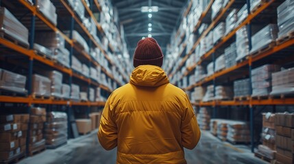 Fototapeta premium Person in a yellow jacket and red hat standing in a large, organized warehouse with shelves stocked with various items.