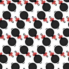 Fototapeta premium Fry pan with handle and red bow Seamless pattern in cartoon style. Top view. Isolated Background