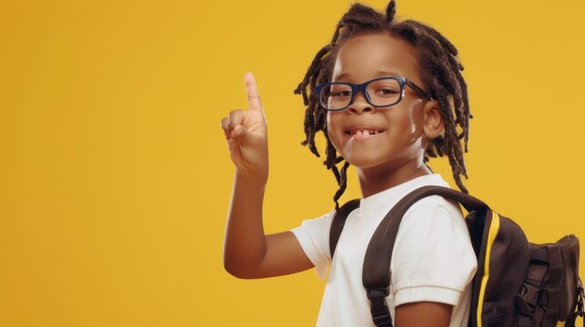 10 year old black boy smiling, looking at camera, white t-shirt, dreadlocks, glasses, backpack
