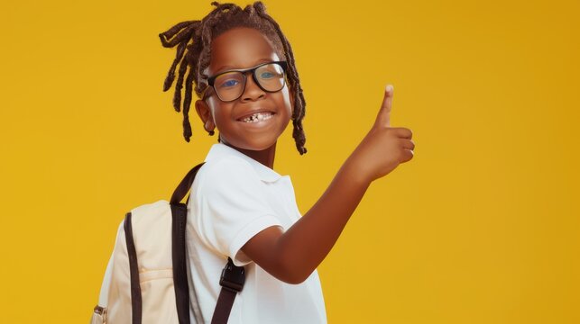 10 year old black boy smiling, looking at camera, white t-shirt, dreadlocks, glasses, backpack