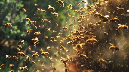 A swarm of honey bees takes flight, symbolizing teamwork, natural beauty, pollination, and the interconnectedness of life.