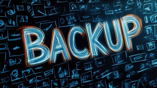 illustration a hand drawing, business corporate logo, says "backup" on chalk board with writing, for disaster recovery, banner sign, wallpaper, white background