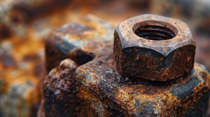 A detail shot of a rusted wheel nut highlighting the wear and tear from years of use and exposure to the elements.