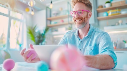 A cheerful man with glasses smiles while using a tablet in a bright, modern kitchen, surrounded by colorful decor.