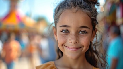 Smiling girl at a colorful outdoor carnival with blurred people and attractions in the background, exuding joy and happiness.