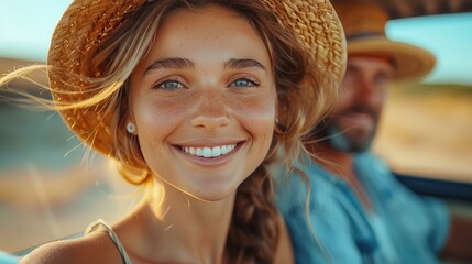 Smiling woman wearing straw hat, enjoying a sunny day while traveling in a car with a male companion. Bright, cheerful summer vibes.