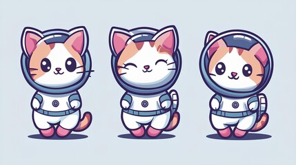 Set of cute kawaii cats wearing astronaut costume. Vector illustration