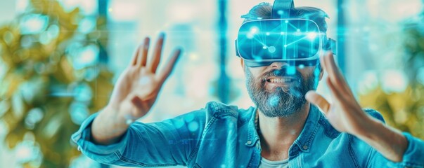 A man engages with virtual reality technology, showcasing the immersive experience of digital worlds in modern entertainment.