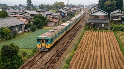 Naklejka premium Train Traveling Through a Rural Japanese Landscape
