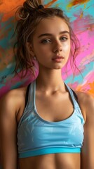 Fototapeta premium Young Woman in Athletic Gear Posing with Strength and Determination against a Vibrant, Clean Background.