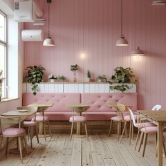 Contemporary Coffee Shop Interior with Pink and White Walls, Wooden Floor, and Stylish Furniture, Exuding a Cozy and Minimalist Ambiance
