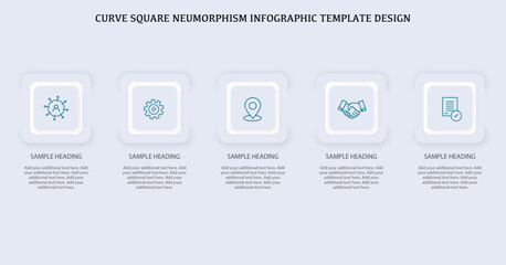 Curve square Neumorphism Infographic template design, Five step Neumorphism Infographic design