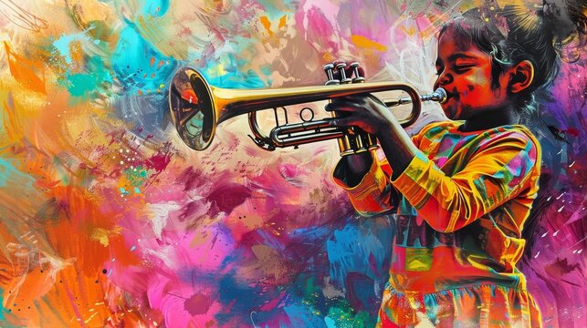 A young girl with closed eyes plays a golden trumpet, surrounded by a colorful abstract background symbolizing musical passion, creativity, childhood, joy, and artistic expression.