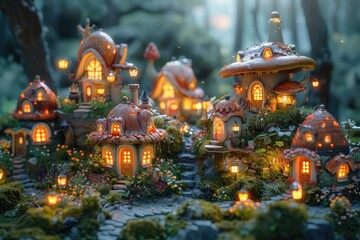 Fototapeta premium Enchanting fairy-tale village with whimsical illuminated mushroom houses in a magical forest setting at dusk.