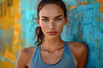 Fototapeta premium Young Woman in Athletic Gear Posing with Strength and Determination against a Vibrant, Clean Background.
