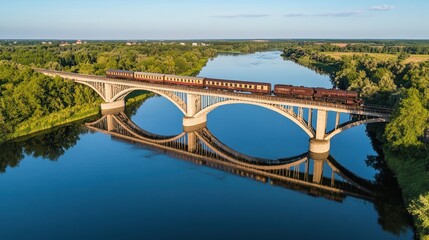 A Vintage Train Crossing a Stone Arch Bridge over a River