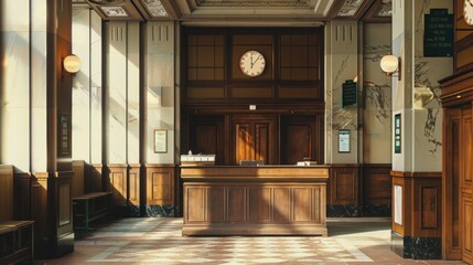 A vintage bank lobby featuring a wooden counter, marble walls, and a classic clock, bathed in natural light.