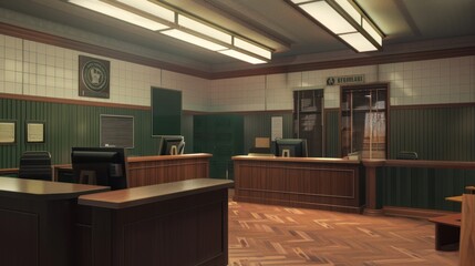 Empty front desk area in a police station with wooden furniture, computer monitors, and official signs on the walls.
