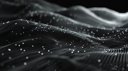 An abstract image depicting monochrome digital waves adorned with dots, representing data flow and technology in a sleek, minimalist style.