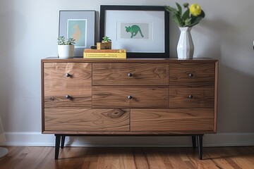 Walnut wood dresser with black metal legs, featuring three drawers and two doors. Placed against an empty wall in a modern home, topped with a framed picture of a green cat, a yellow book
