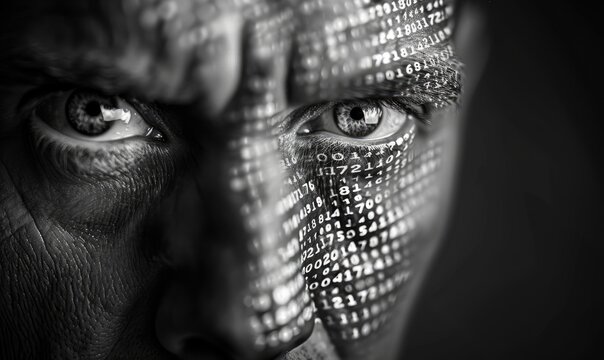 Portrait of Binary Number Streams, Minimalist Design, Black Background