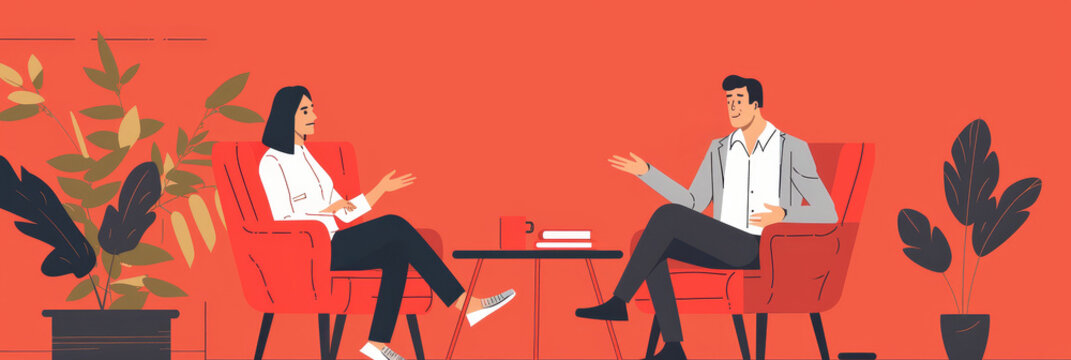 Business Partners Meeting and Discussing Strategies in a Modern Office - Two business professionals are sitting in chairs, engaged in a conversation, showcasing collaboration, communication, and partn