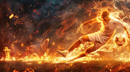 Fiery Football: Athlete Kicking a Ball Through Flames - A soccer player kicks a ball through flames, symbolizing passion, determination, intensity, and overcoming obstacles. The image evokes a sense o