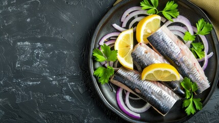 Fresh herring fillets marinated and served with sliced lemon and onion for a classic and flavorful dish.