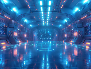 a futuristic spacecraft basketball court room with blue lighting and a curved ceiling.