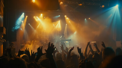 Wide-angle view of a 90s hip-hop performance, highlighting the lively atmosphere of the concert.