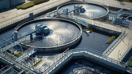 Isometric modern water cleaning facility at an urban wastewater treatment plant. The purification process of removing undesirable chemicals, suspended solids, and gases from contaminated liquid.