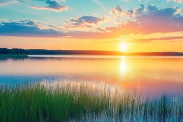 sunset at coast of the lake. Nature landscape. Nature in northern Europe. reflection, blue sky and yellow sunlight. landscape during sunset, ai