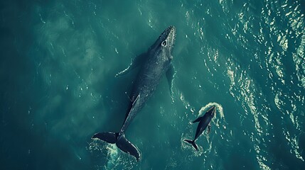 Obraz premium Top view of humpback whale and calf in the ocean on the surface of the ocean in Australia, New South Wales. aerial view. copy space for text.
