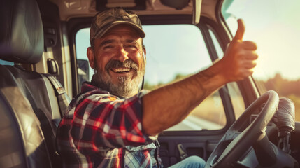 Cheerful truck driver showing a thumbs-up, expressing readiness for the journey