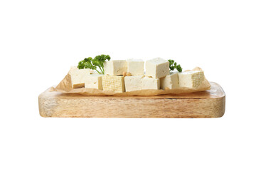 PNG,Sliced tofu on a wooden board, isolated on white background